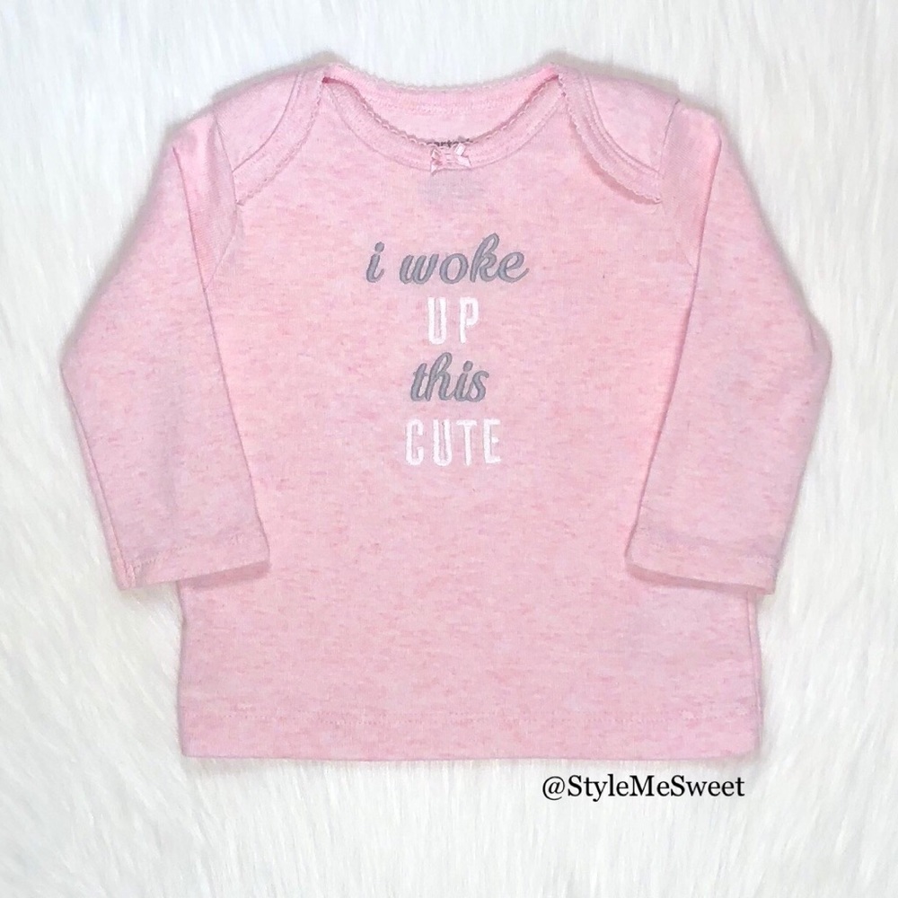 Carter’s heathered pink “I woke up this cute” tee